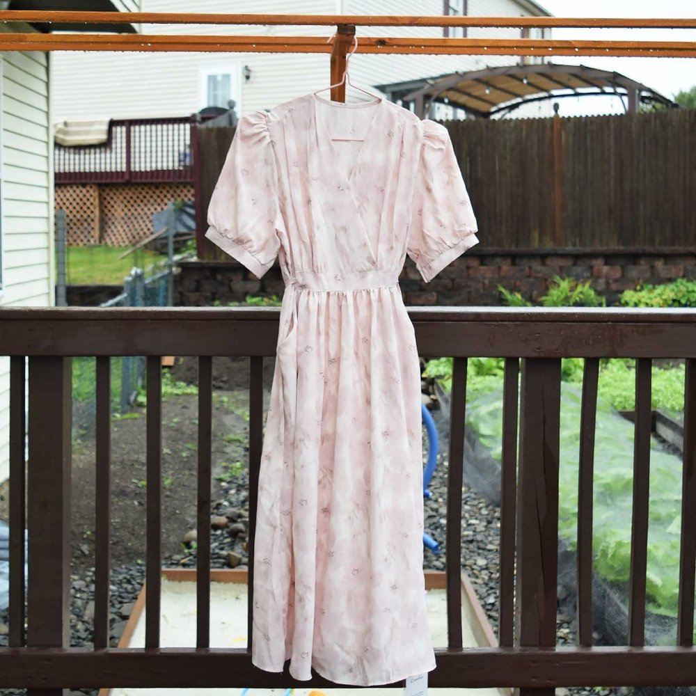 【SOLD】Pink Flora Long Dress - V neck Adjustable Waist - Picture 1 of 6